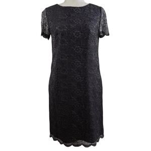New Boden Gray Floral Metallic Lace Overlay Shift Dress 4R Pockets Boat Neck